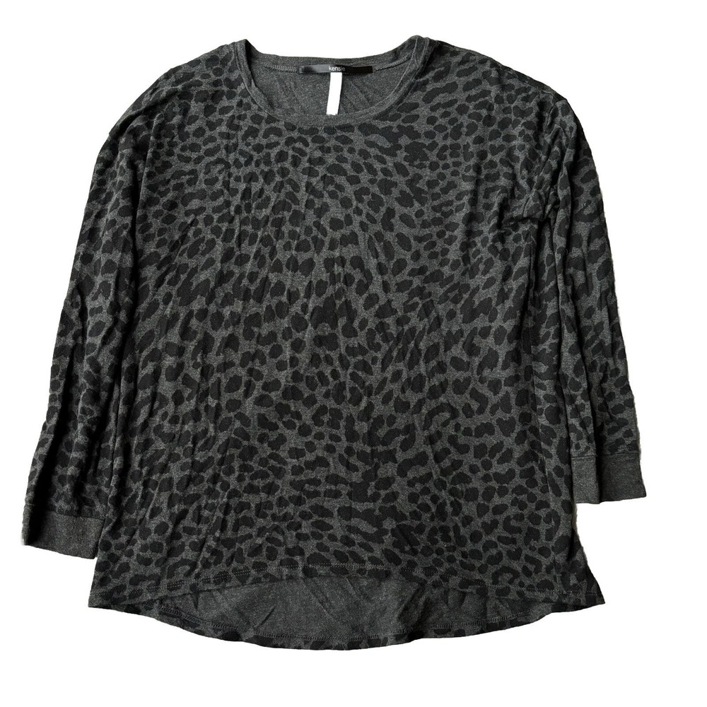 Kensie Shirt Sz M Black Grey Cheetah Print Pullover Stretch Comfy School Casual